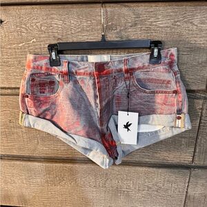 Free People Distressed Red Denim Jean Shorts